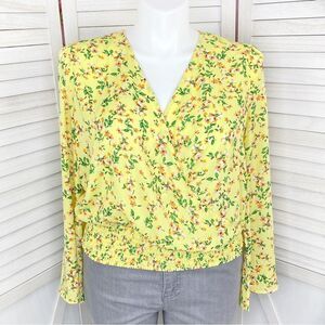 For The Republic Cottagecore Floral Bell Sleeve Surplice Blouse Yellow Large